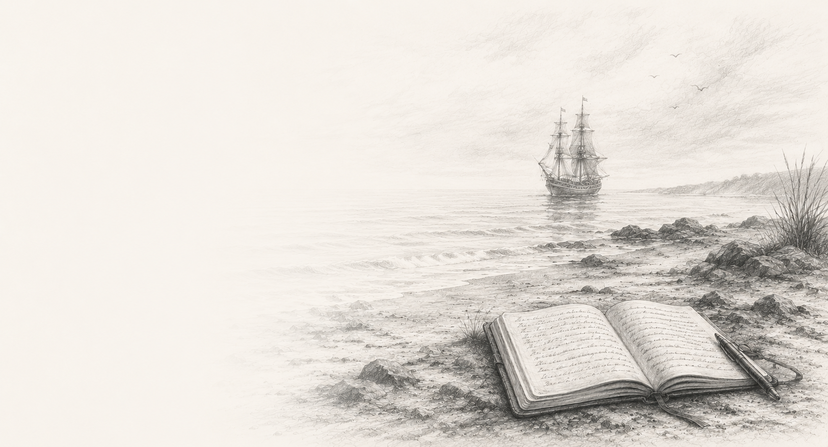 Line illustration of an open journal, ink bottle and books